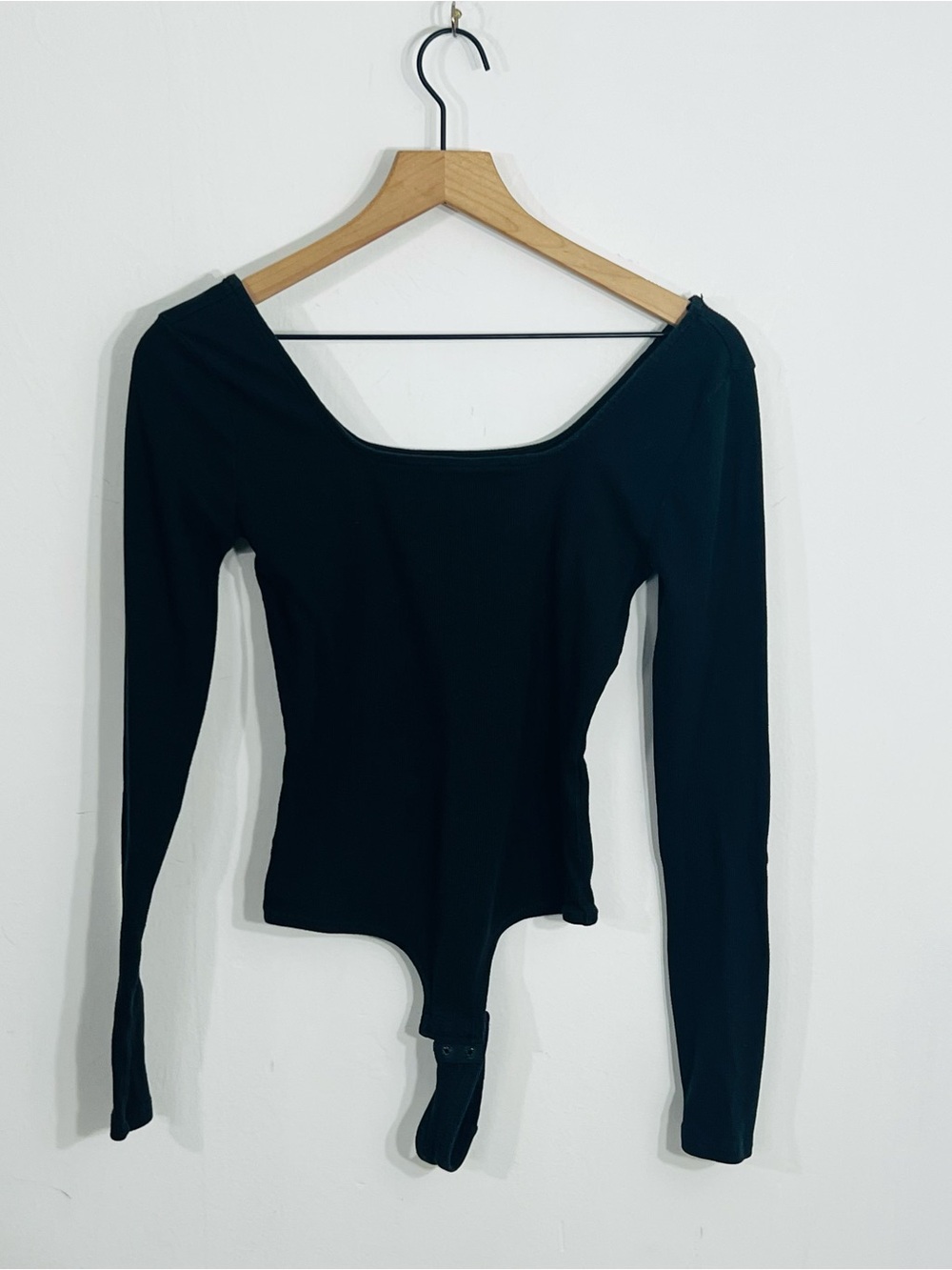 Madewell Black Thong Body Suit Square Neckline Ribbed Long Sleeve Size Small